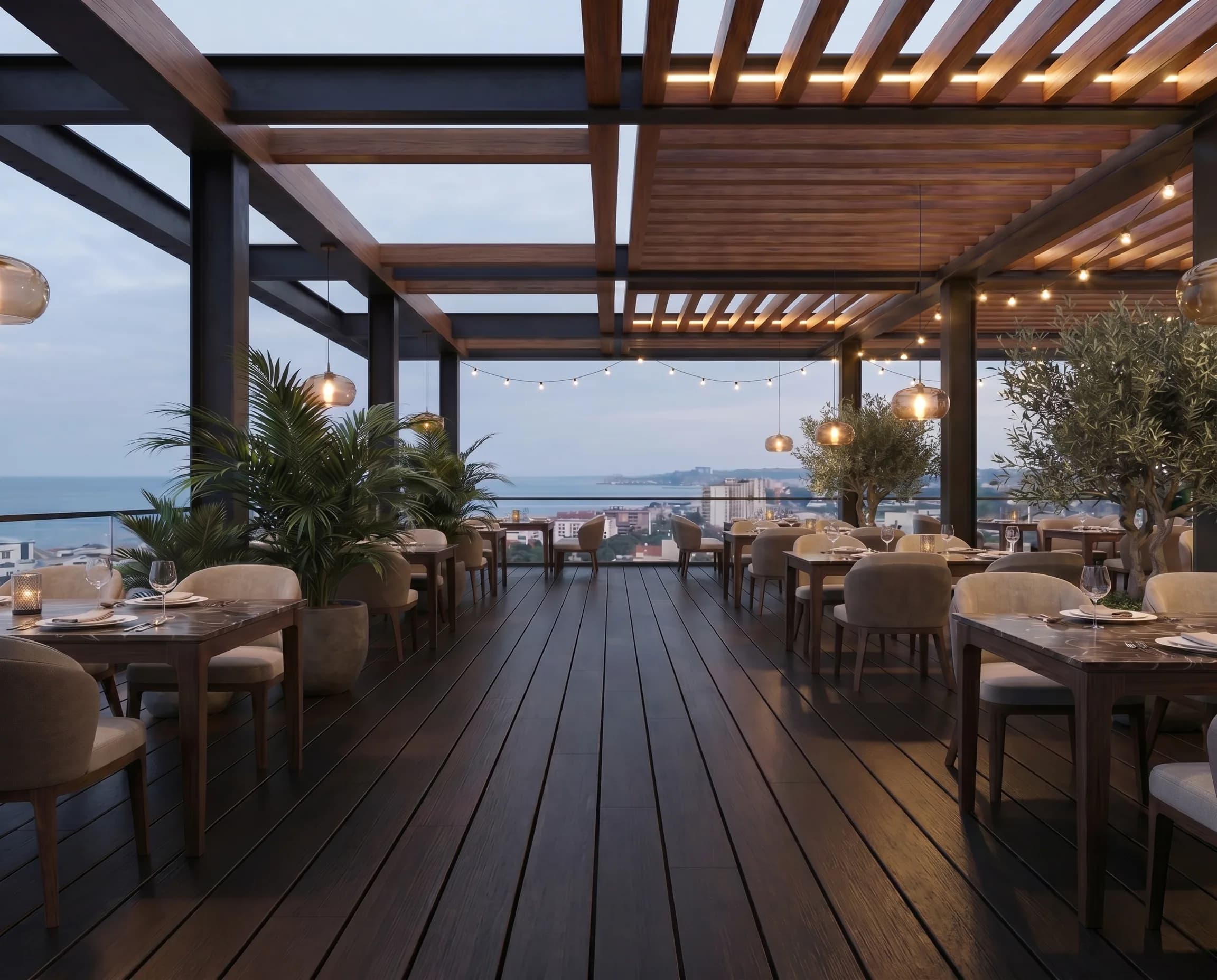 Restaurant rooftop sous pergola en lames Expresso au crépuscule