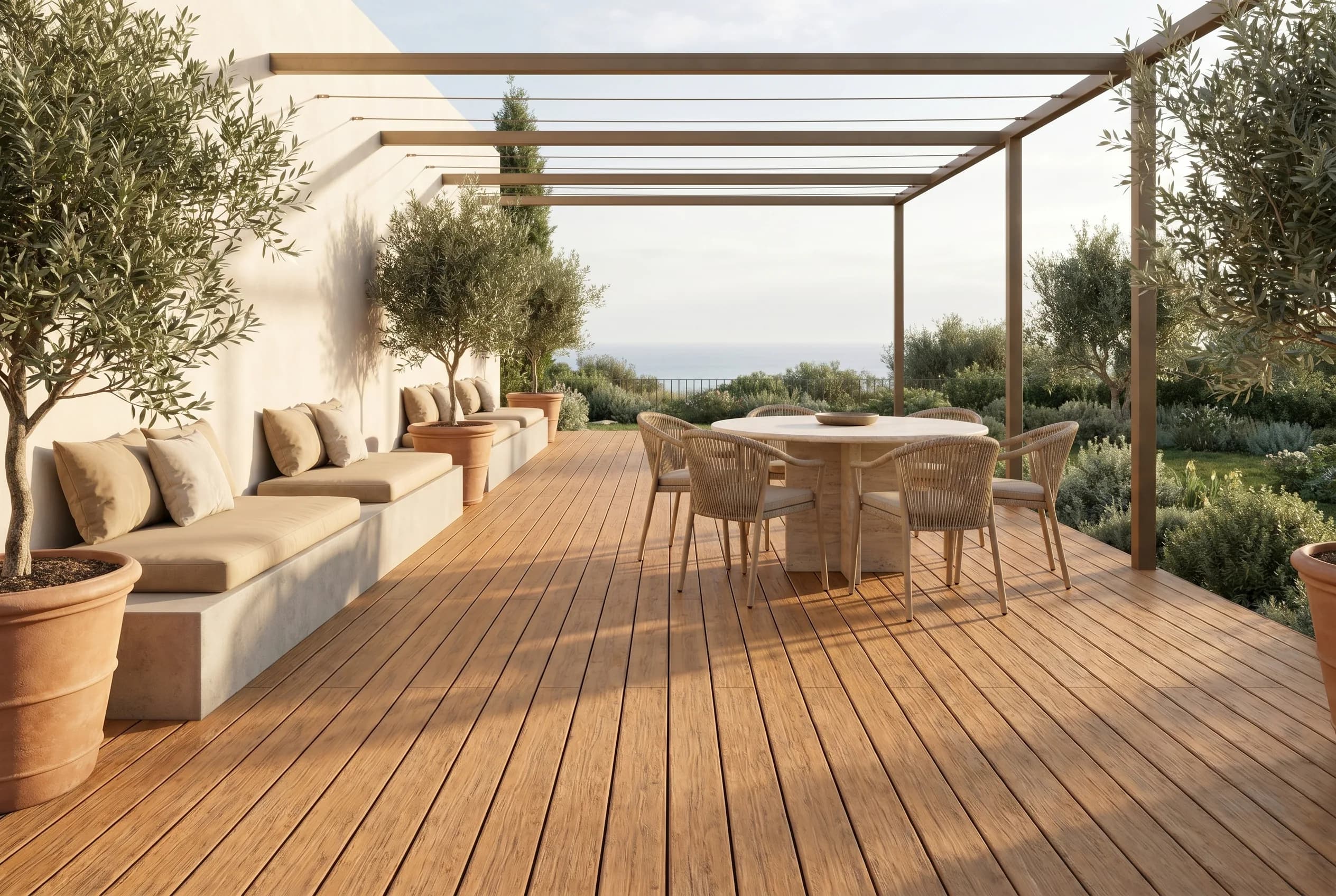 Terrasse méditerranéenne sous pergola en lames Old Brown
