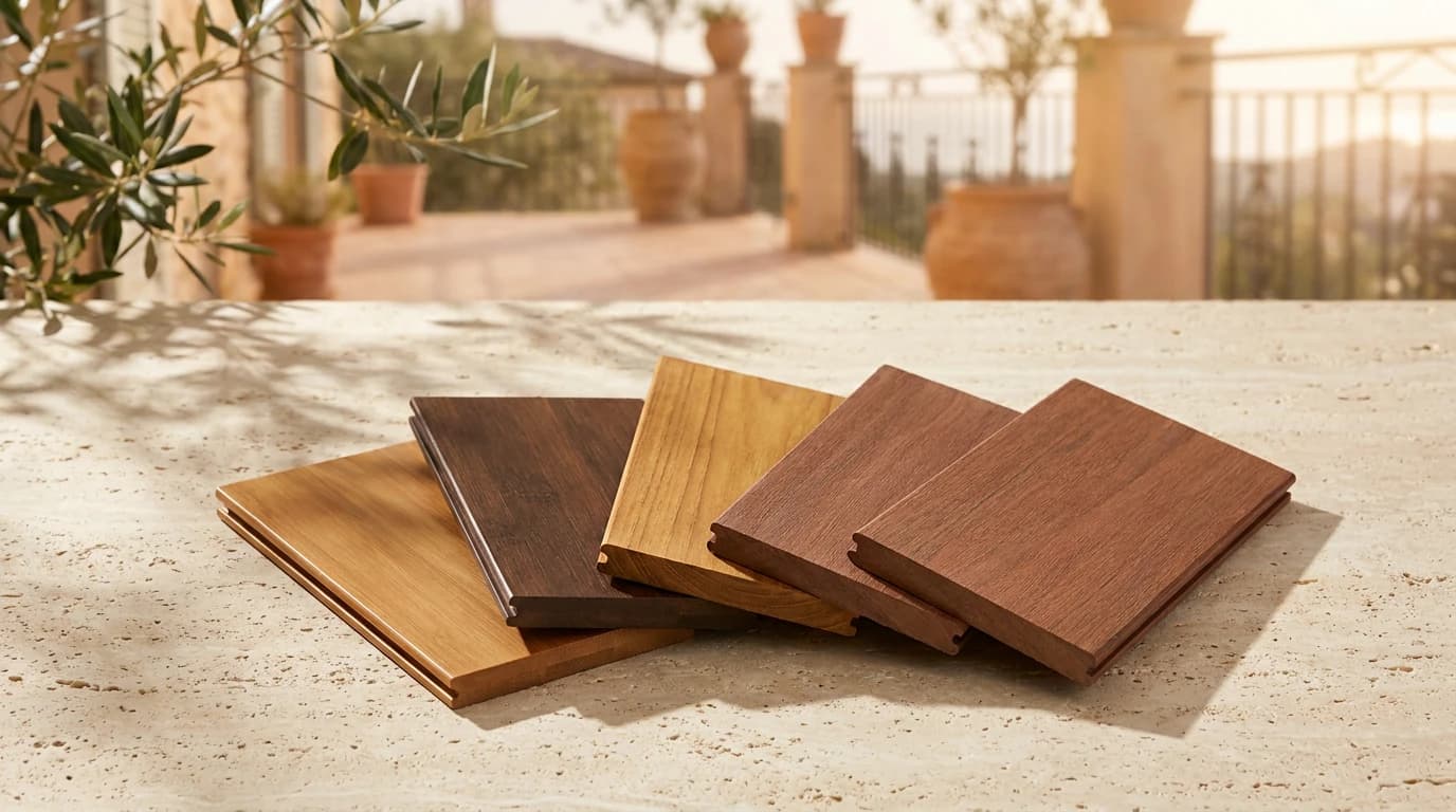 Échantillons de finitions de lames de terrasse en éventail - caramel, chocolat, teck doré et composite - sur pierre claire