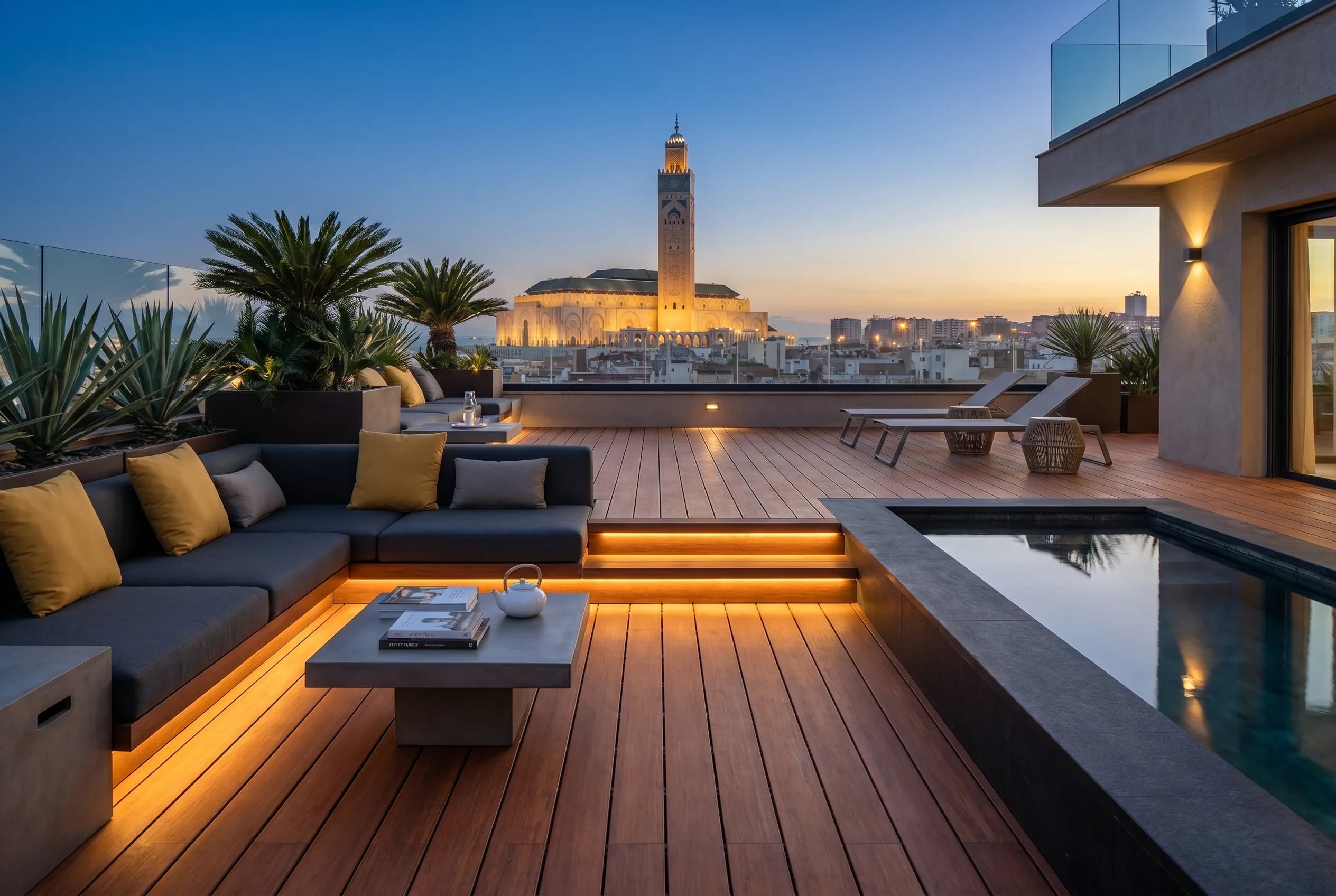 Terrasse rooftop en lames Ceylon face à la mosquée Hassan II, Casablanca