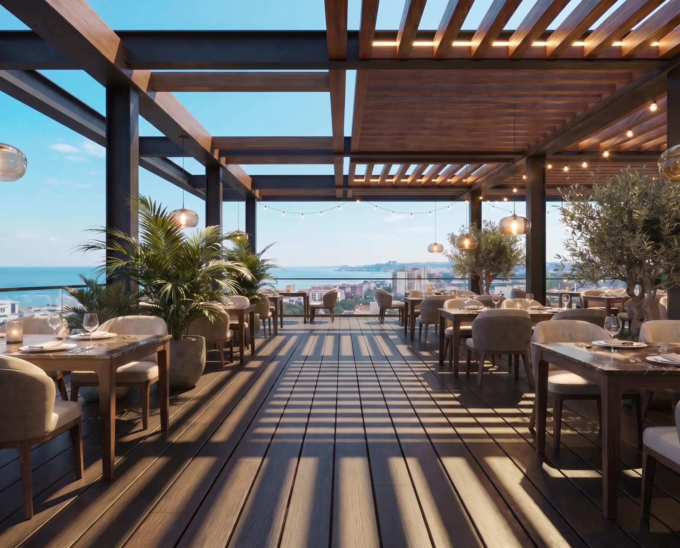 Terrasse de restaurant en lames de bambou teinte expresso, éclairée au crépuscule